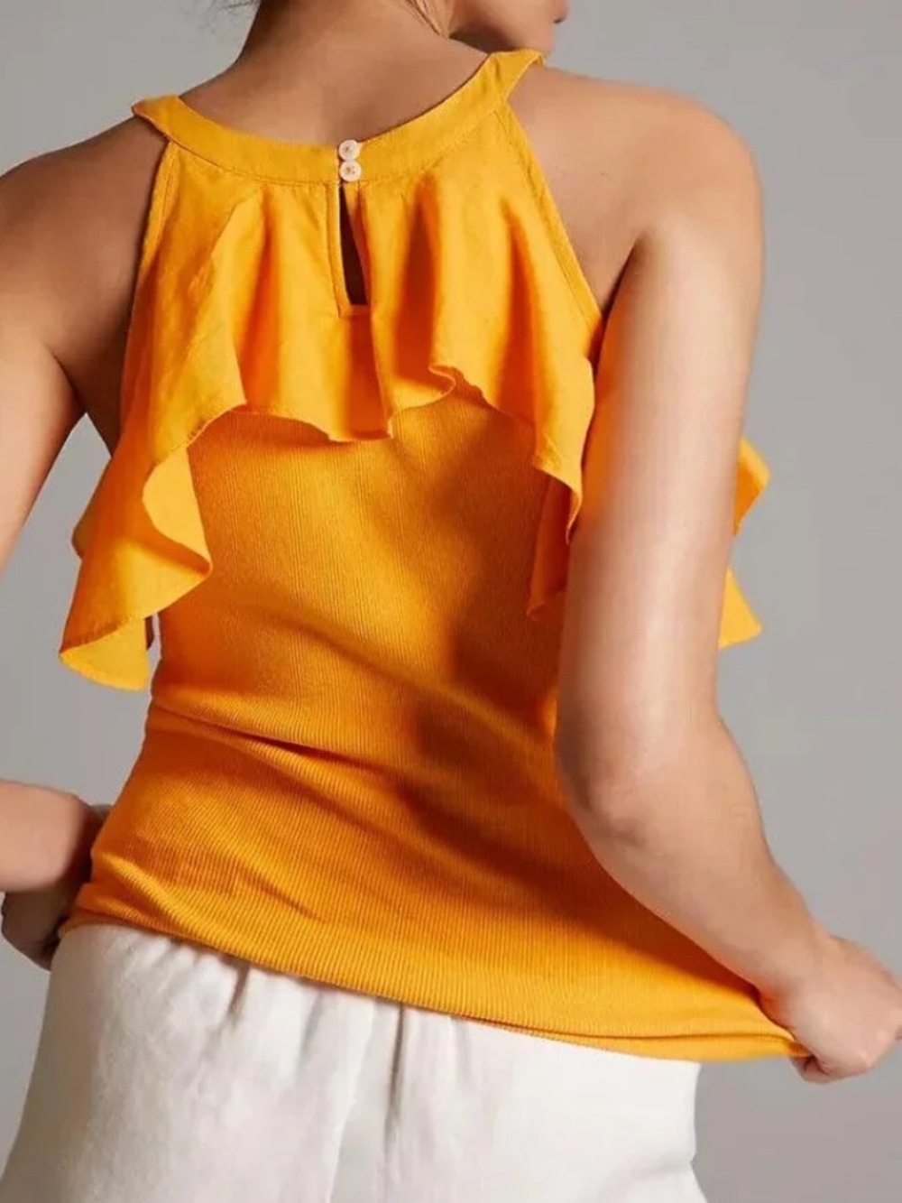 Maeve Anthropologie Ruffle Ribbed Halter Mango Orange Tank Size L NWT